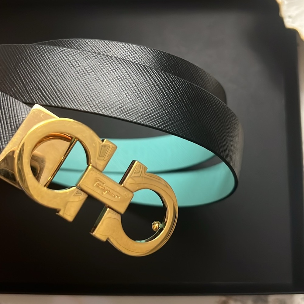 Salvatore Ferragamo Reversible Black and Aqua Belt with Gold Buckle Unisex 1”